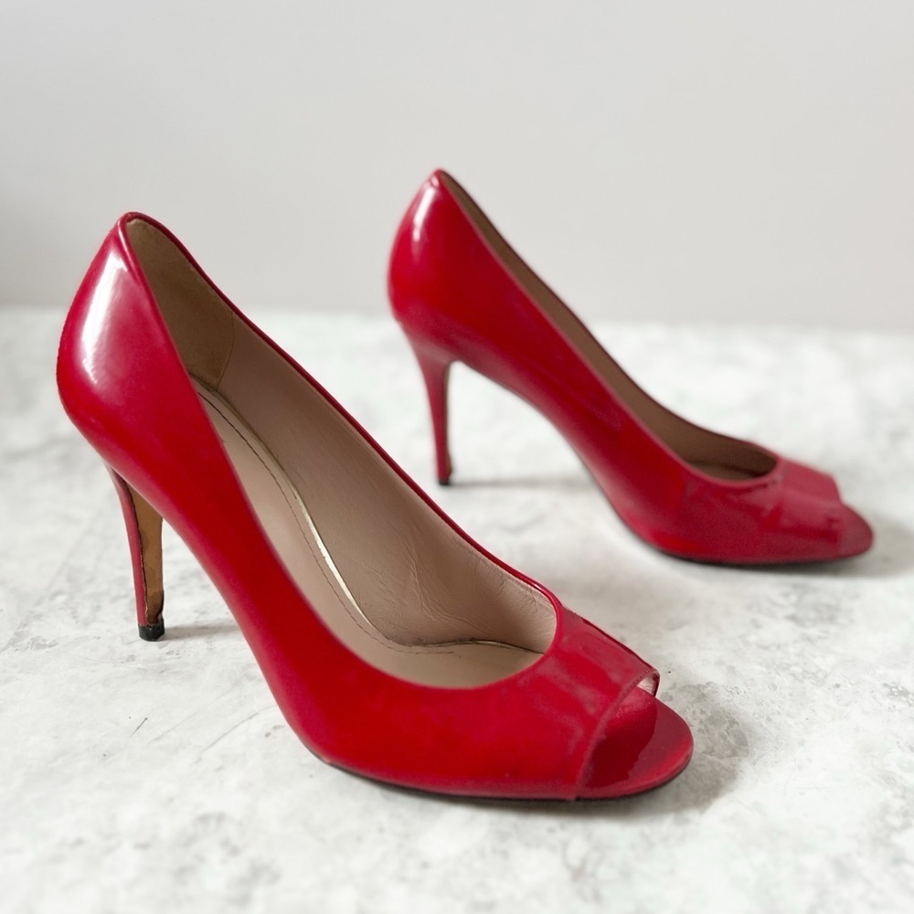 Stuart Weitzman Peep Toe Pumps Bright Red 9 Bold Solid Stiletto Heels Party